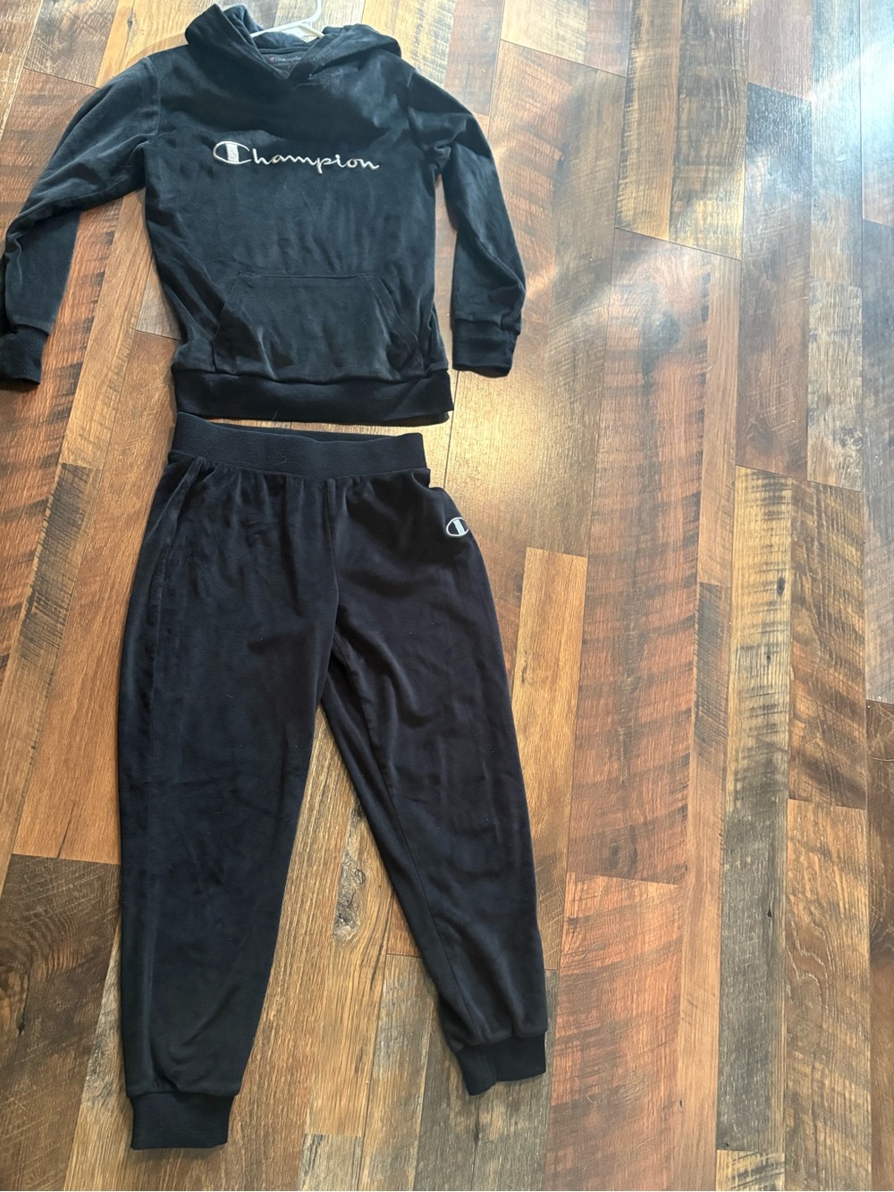 Champion Velour Black Hoodie with White Script Logo